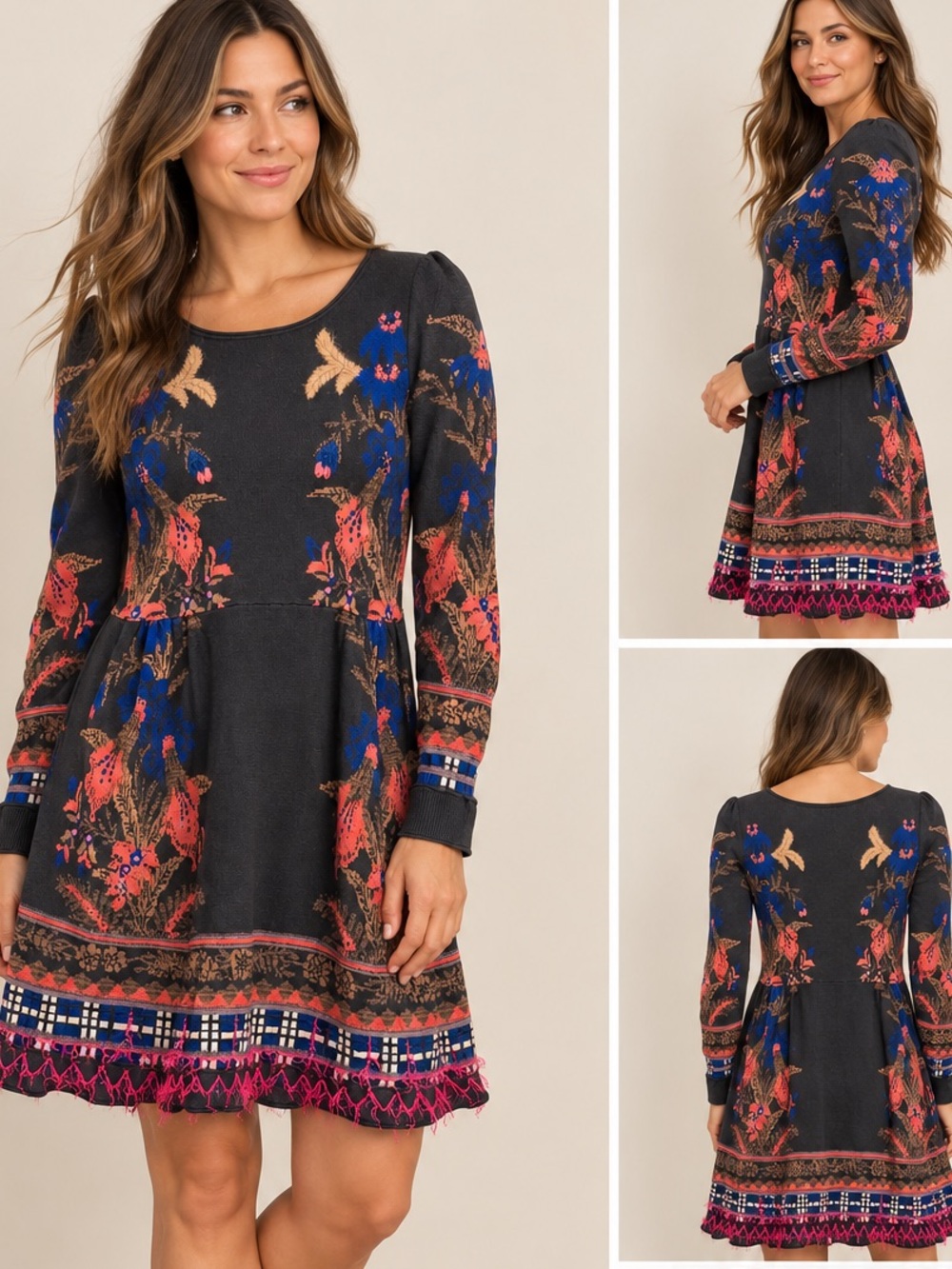 Anthropologie Knitted & Knotted Floral Knit Long Sleeve Dress